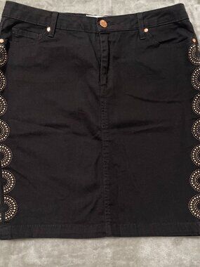 Rachel Roy Black Denim Embroidered Studded Pencil Skirt Size 30